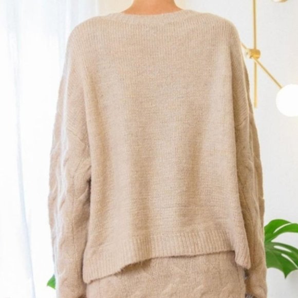 Oatmeal So comfy Cable Knit Button Up Cardigan Top with High Waist Skirt Set - Picture 8 of 9